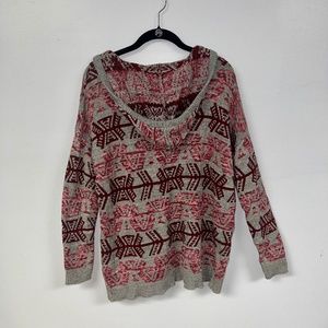 American Eagle Womens Pullover Hooded Sweater Gray Burgundy Tribal V-Neck